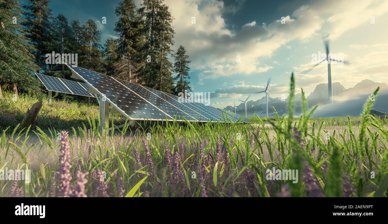 L'installation de l'environnement centrale solaire photovoltaïque et éolienne ferme située dans le magnifique paysage de montagne frais avec la chaleur de nice Banque D'Images