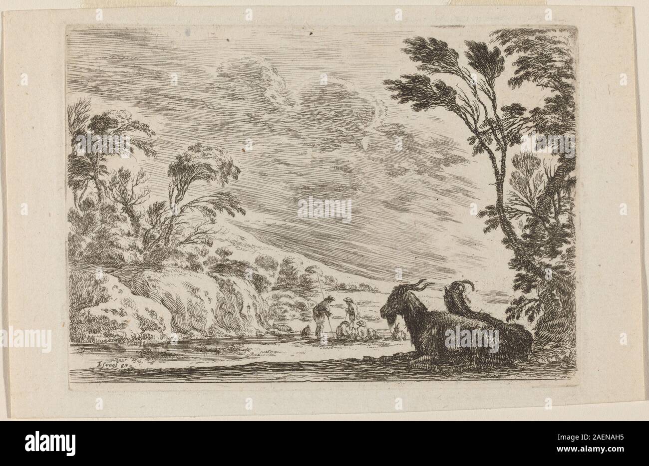 Gravure de Stefano Della Bella datée de 1642 montrant deux chèvres couchées, représentant l'anatomie animale, la posture, la texture de la fourrure, la surface du sol, et style imprimé italien du milieu du XVIIe siècle. Banque D'Images
