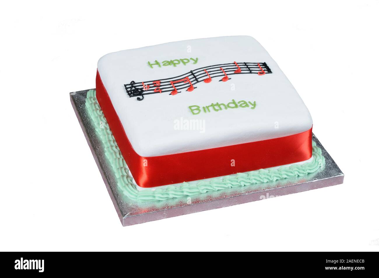 Joyeux Anniversaire Musique Et Texte Sur Un Gateau Blanc Carre Photo Stock Alamy