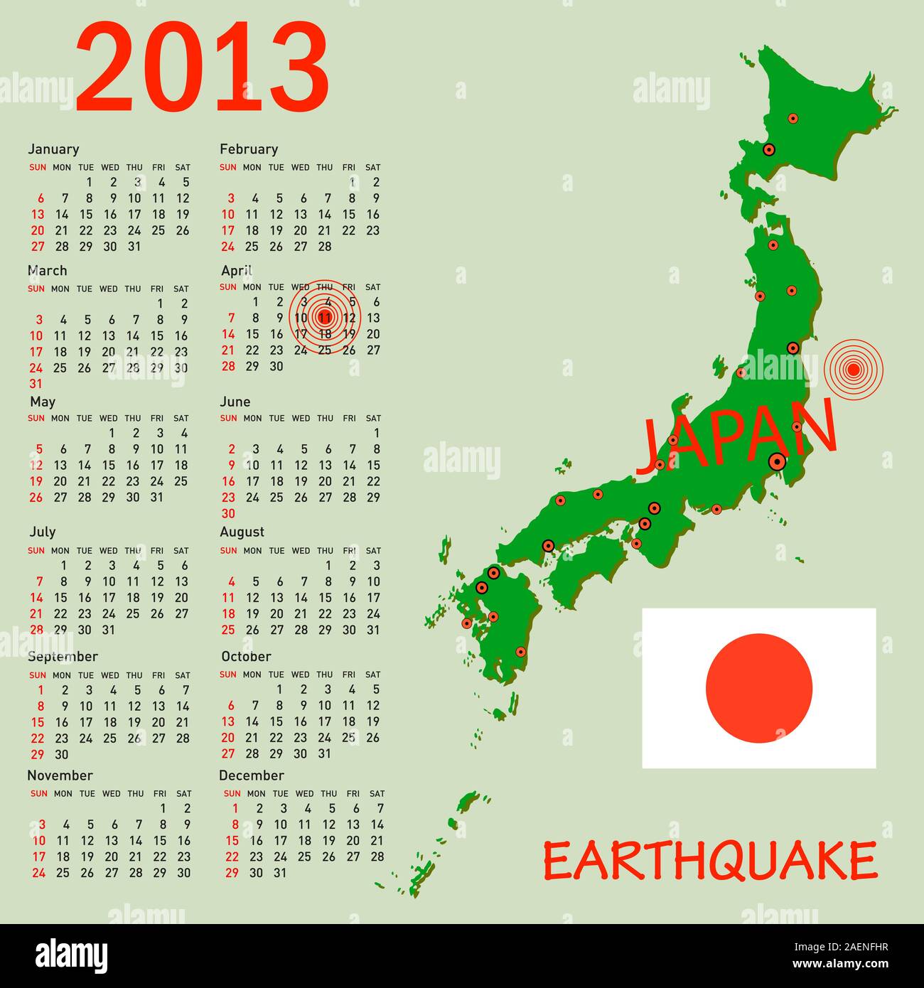 Le Japon calendrier plan avec danger sur une centrale électrique atomique pour 2013. Semaine commence le dimanche. Illustration de Vecteur