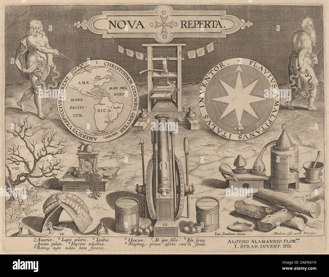 Une page de titre gravée par Theodor Galle d'après Jan van der Straet pour 'nouvelles découvertes' vers 1580-1590. L’œuvre présente des bordures ornementales, des éléments textuels et une décoration illustrative. Banque D'Images
