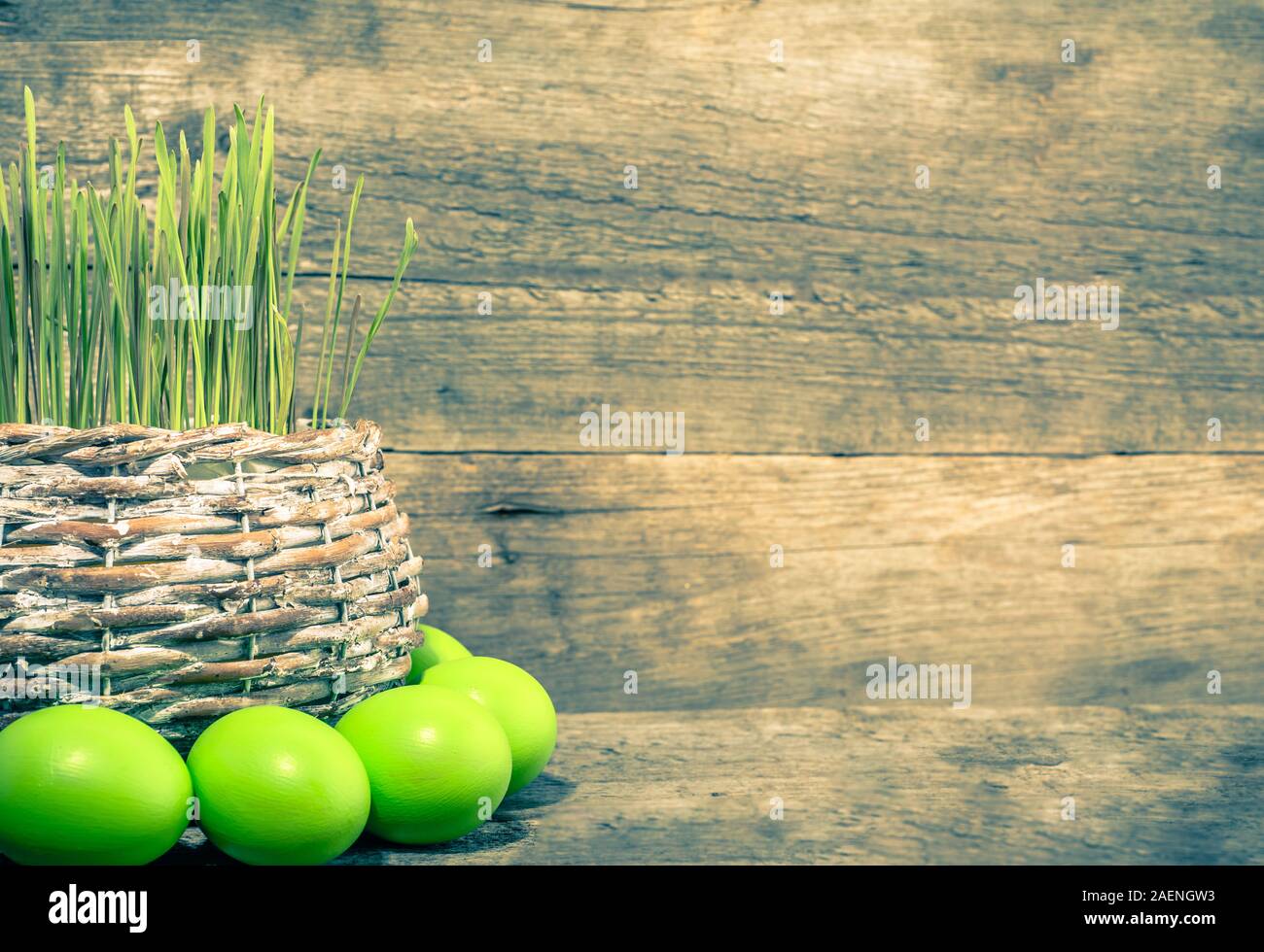 Œufs de Pâques et basket of fresh Green grass, tradition de Pâques, printemps background Banque D'Images