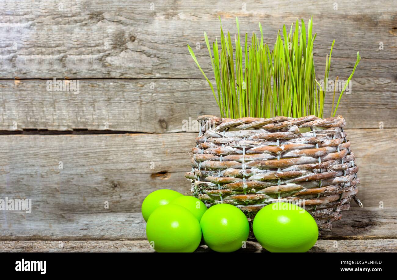 Œufs de Pâques et basket of fresh Green grass, symbole de vacances Banque D'Images
