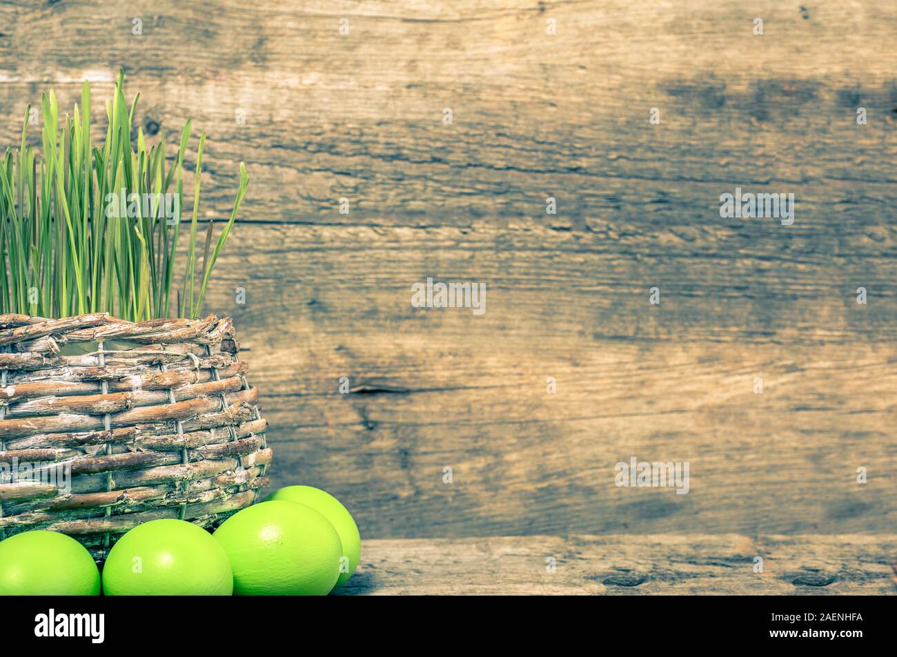 Les oeufs de Pâques et panier d'herbe fraîche, blé vert, symbole de vacances Banque D'Images