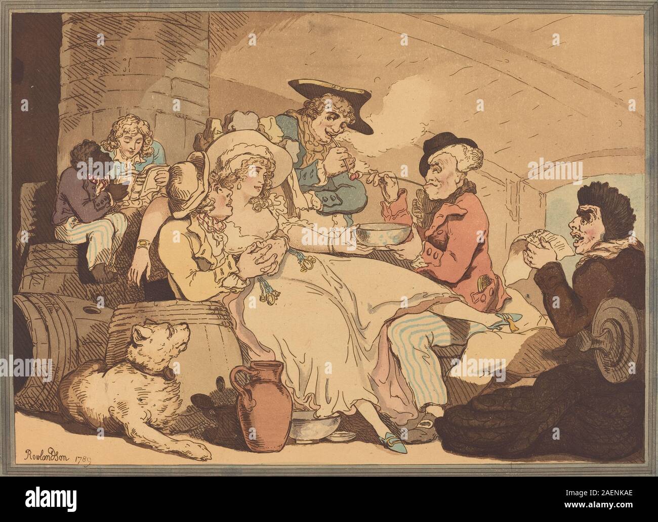 Une gravure de 1789 de Thomas Rowlandson représentant des marins buvant du grog à bord d'un navire, montrant des figures, des gestes, un cadre naval, des détails du navire, barils, pont, expressions et style caricature anglais de la fin du XVIIIe siècle. Banque D'Images