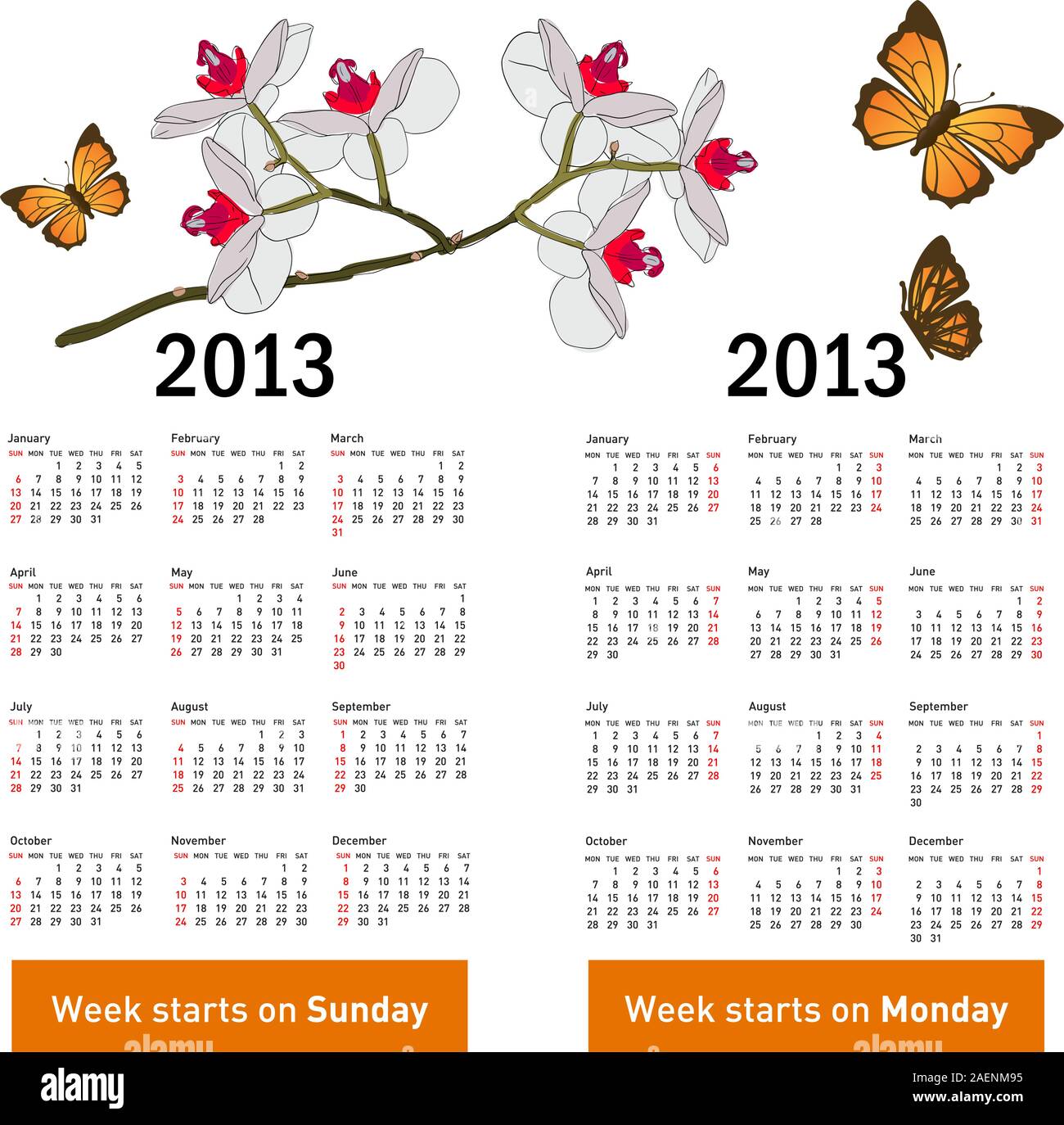 Calendrier élégant avec des fleurs et des papillons pour 2013. Semaine commence le lundi. Illustration de Vecteur