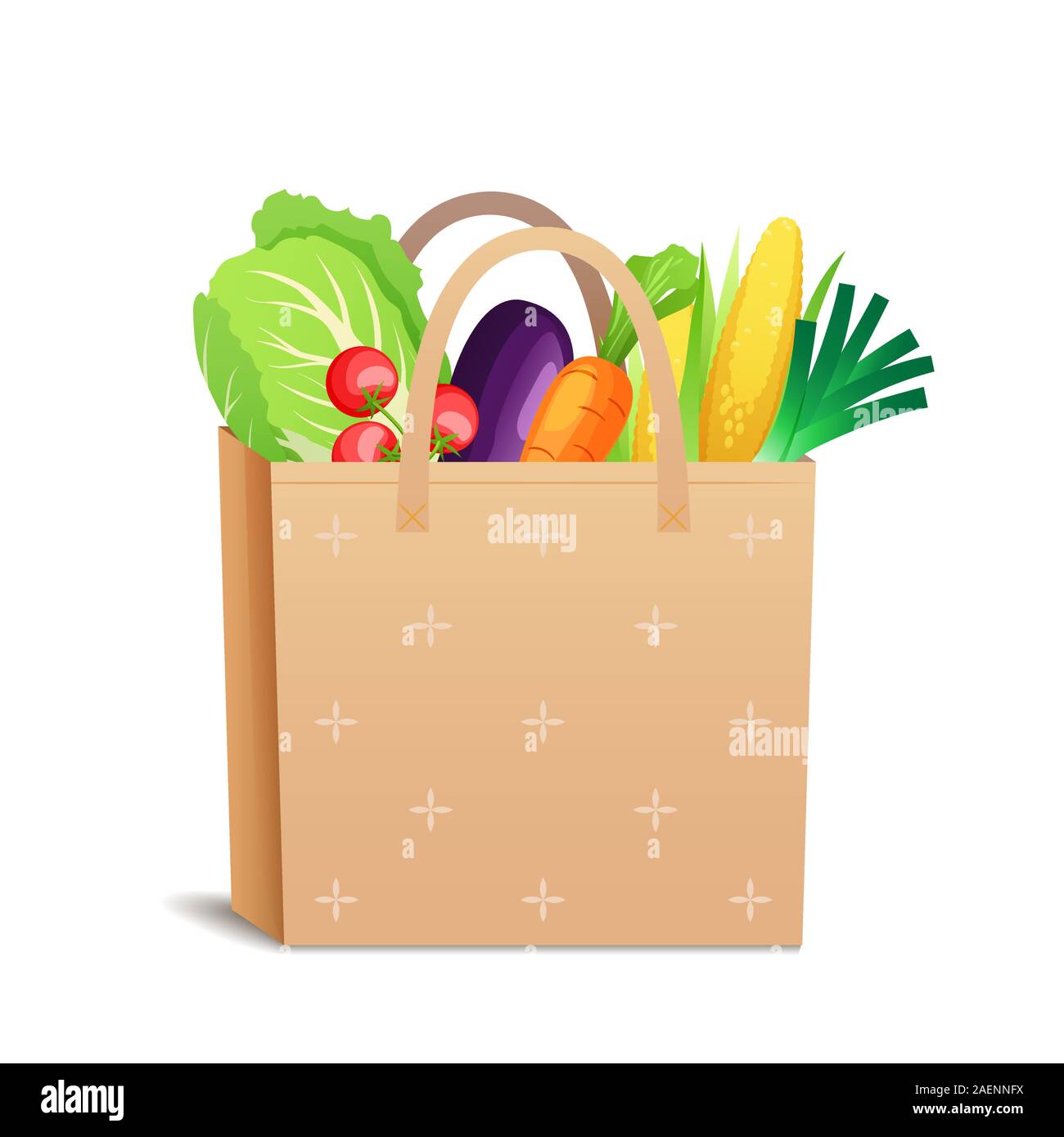 Papier brun ou en lin eco sac avec place pour le texte et les légumes frais, les aliments biologiques sains Illustration de Vecteur