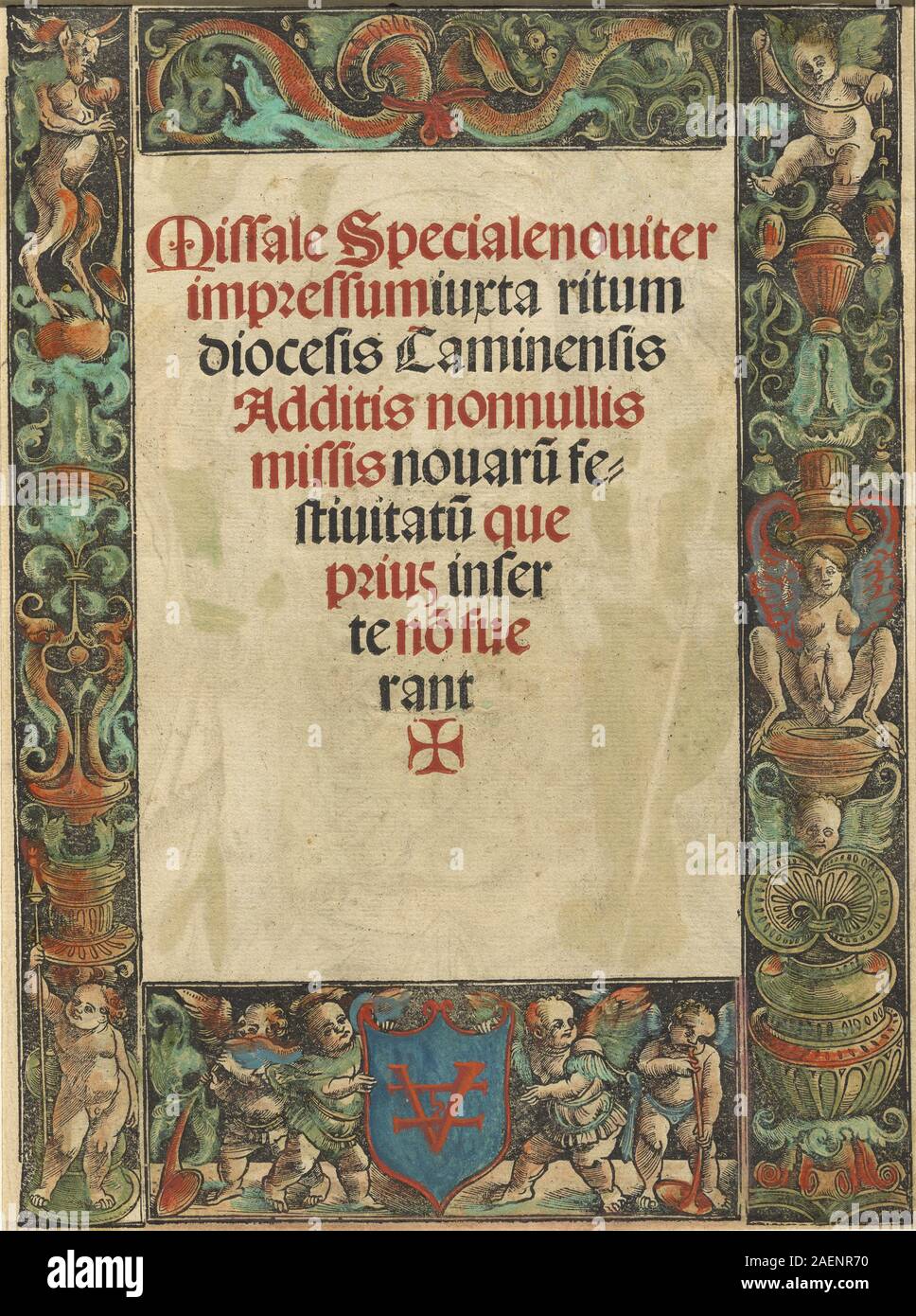 Une page de titre imprimée pour un missel d'Urs Graf I, vers 1511, avec une bordure satyre et putti, une typographie décorative, une mise en page de texte religieux et un style de gravure du début du XVIe siècle. Banque D'Images
