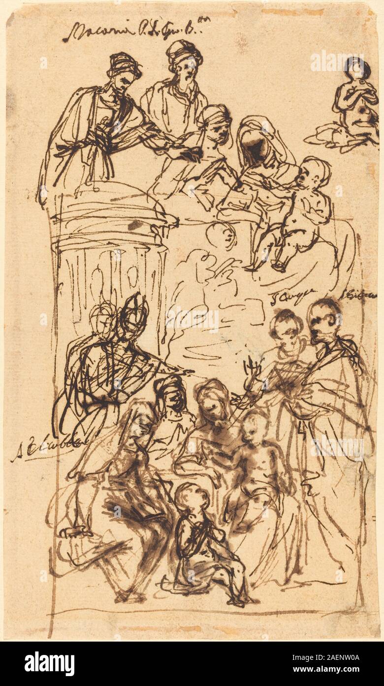 Tableau vénitien du XVIIe siècle représentant la Vierge et l'enfant avec des saints, mettant l'accent sur les figures religieuses, la composition et les détails iconographiques. Banque D'Images