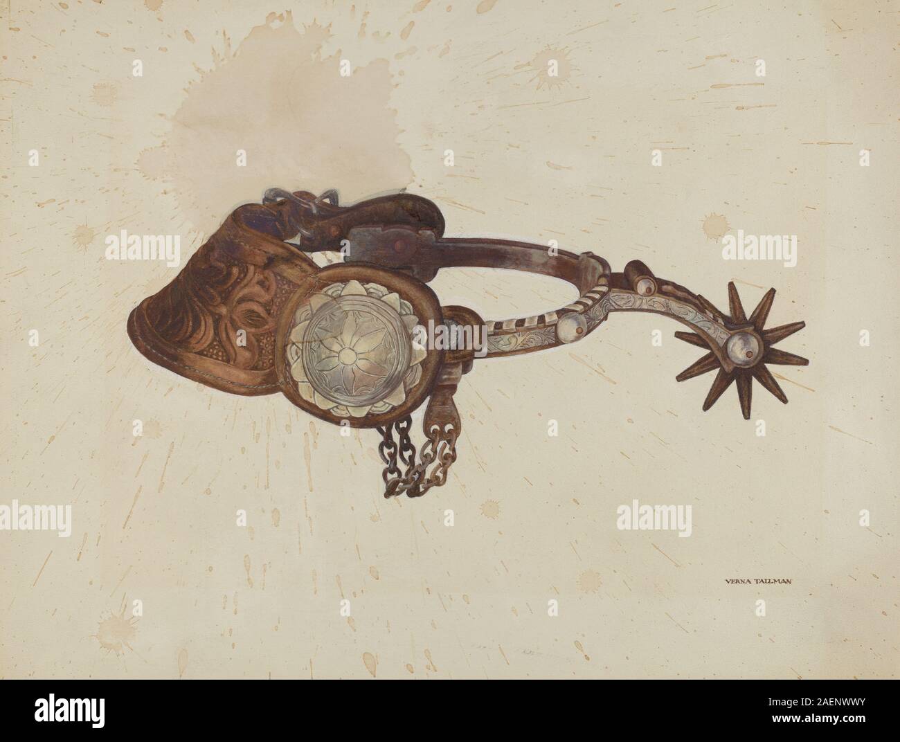 Un éperon conçu par Verna Tallman vers 1938, en métal avec une rotule et bracelet en cuir. L'objet démontre un design fonctionnel utilisé dans l'équitation et l'artisanat du début du XXe siècle. Banque D'Images