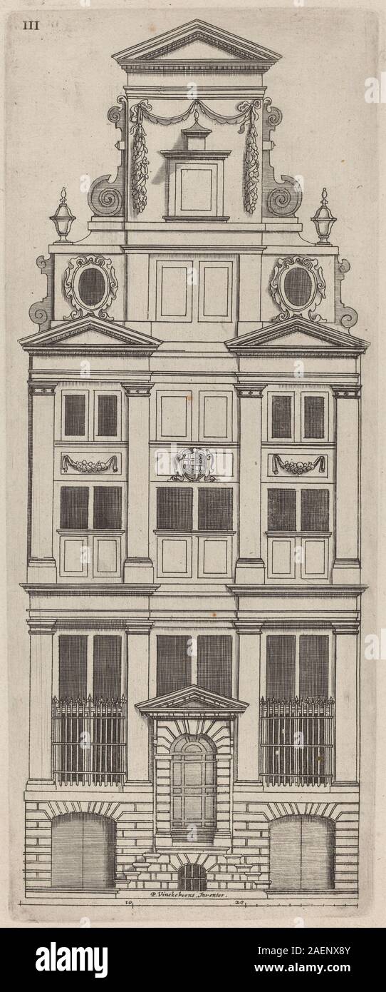 Gravure de la plaque d'élévation de façade hollandaise 3 par Vignola et graveur anonyme d'après Philips Vingboons, montrant les détails architecturaux, les fenêtres, l'ornementation et le style de construction du XVIIe siècle. Banque D'Images