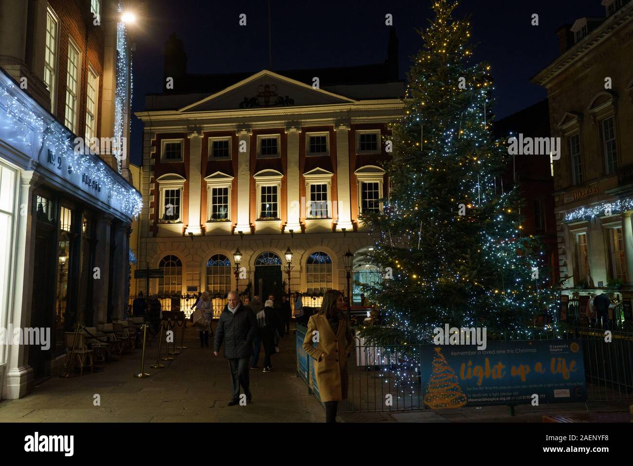 Arbre de Noël décoré de lumières festives et le Mansion House en arrière-plan, York, North Yorkshire, Angleterre, Royaume-Uni. Banque D'Images