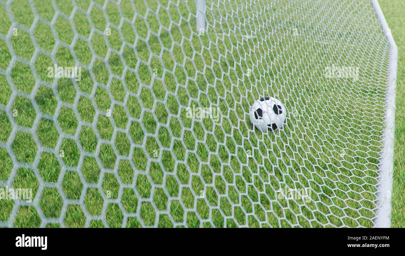 3D illustration ballon de soccer a volé dans l'objectif. Ballon de soccer plie le net, dans le contexte de l'herbe. Ballon de soccer en net objectif sur l'herbe Banque D'Images