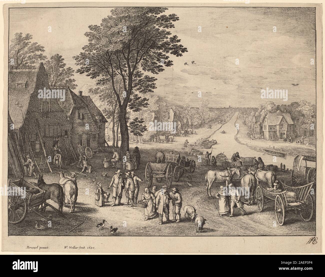 Le canal de Venceslas Hollar, d'après Pieter Brueghel le jeune, 1650 ans, représente une voie navigable avec des bateaux, des bâtiments, des ponts et le paysage environnant, rendu dans une gravure détaillée reflétant la représentation du paysage urbain européen du XVIIe siècle. Banque D'Images