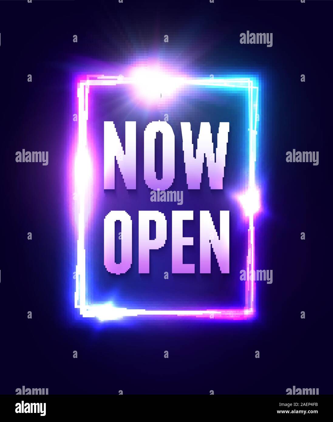 Maintenant Ouvert signe. Des lettres de néon lumineux rectangle dans le châssis. Store ou d'un bar lumineux de porte signalisation conception modèle. Star couleur square nuit lumière bannière sur dark Illustration de Vecteur