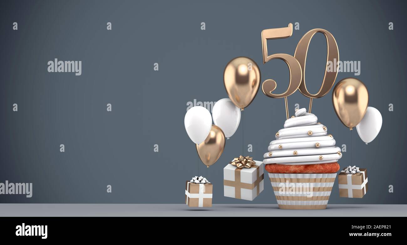 Nombre d'or 50 birthday cupcake avec des ballons et des cadeaux. 3D Render Banque D'Images