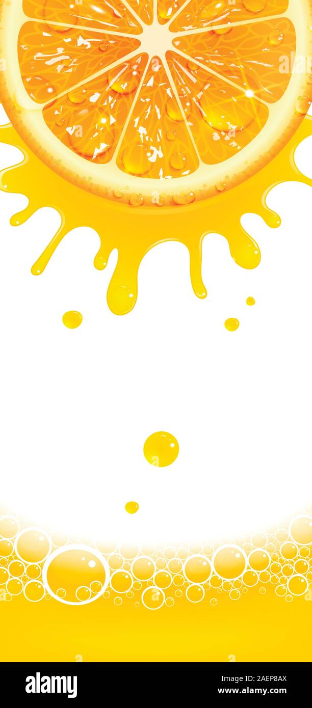 Bannière verticale avec orange juteuse et éclaboussures de jus sur un fond blanc Illustration de Vecteur