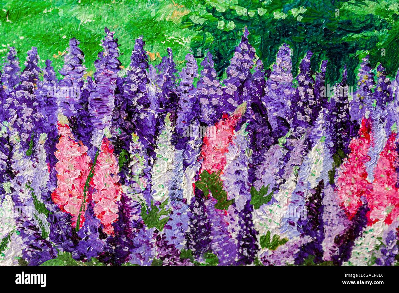 Close up détails d'une peinture à l'huile avec fleurs de lupin. Banque D'Images