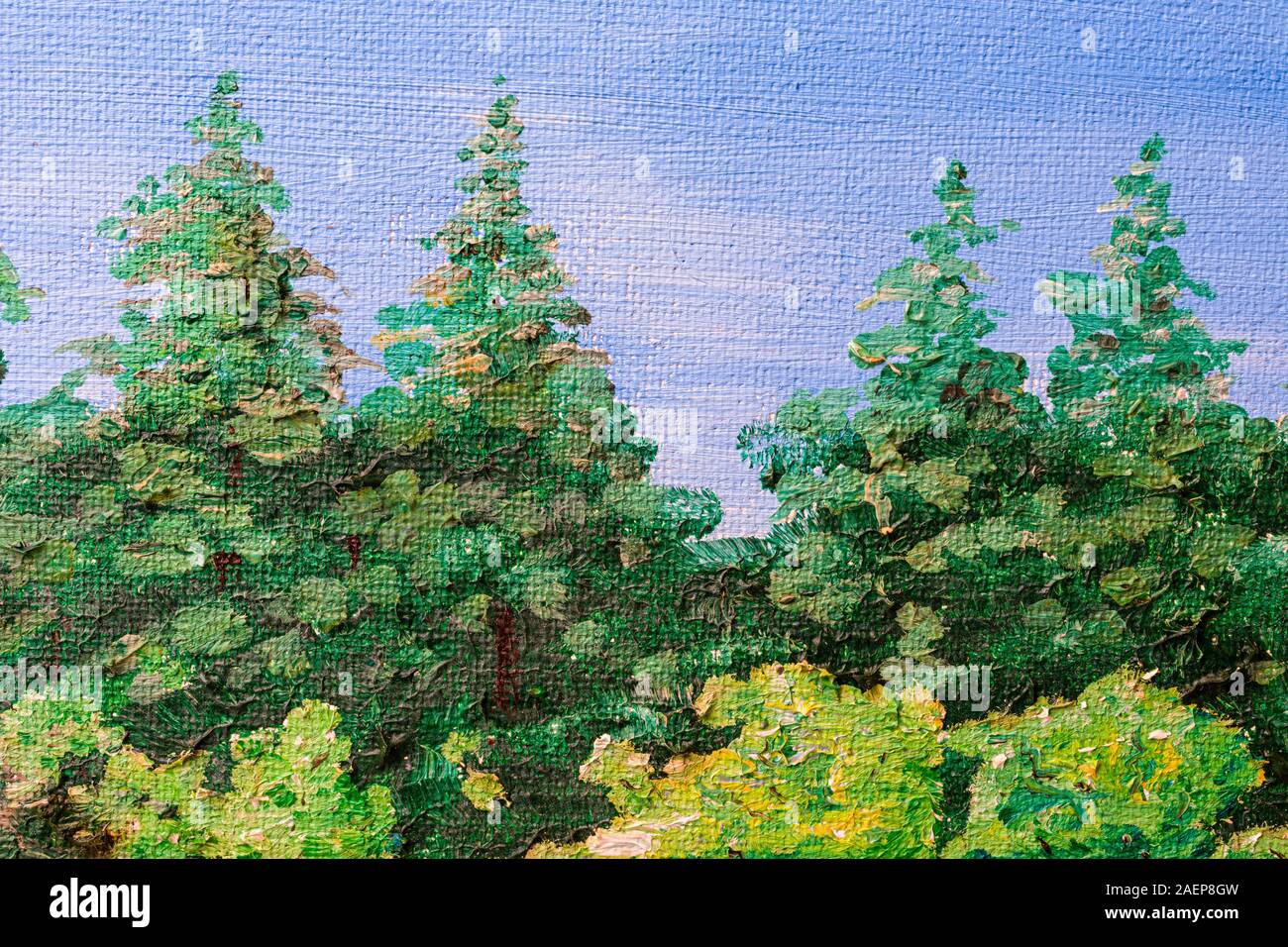 Close up détails d'une peinture à l'huile avec les arbres à feuilles persistantes.. Banque D'Images
