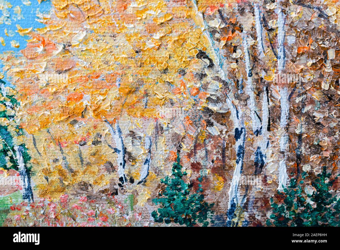 Close up détails d'une peinture à l'huile avec les bouleaux dans une forêt d'automne. Banque D'Images