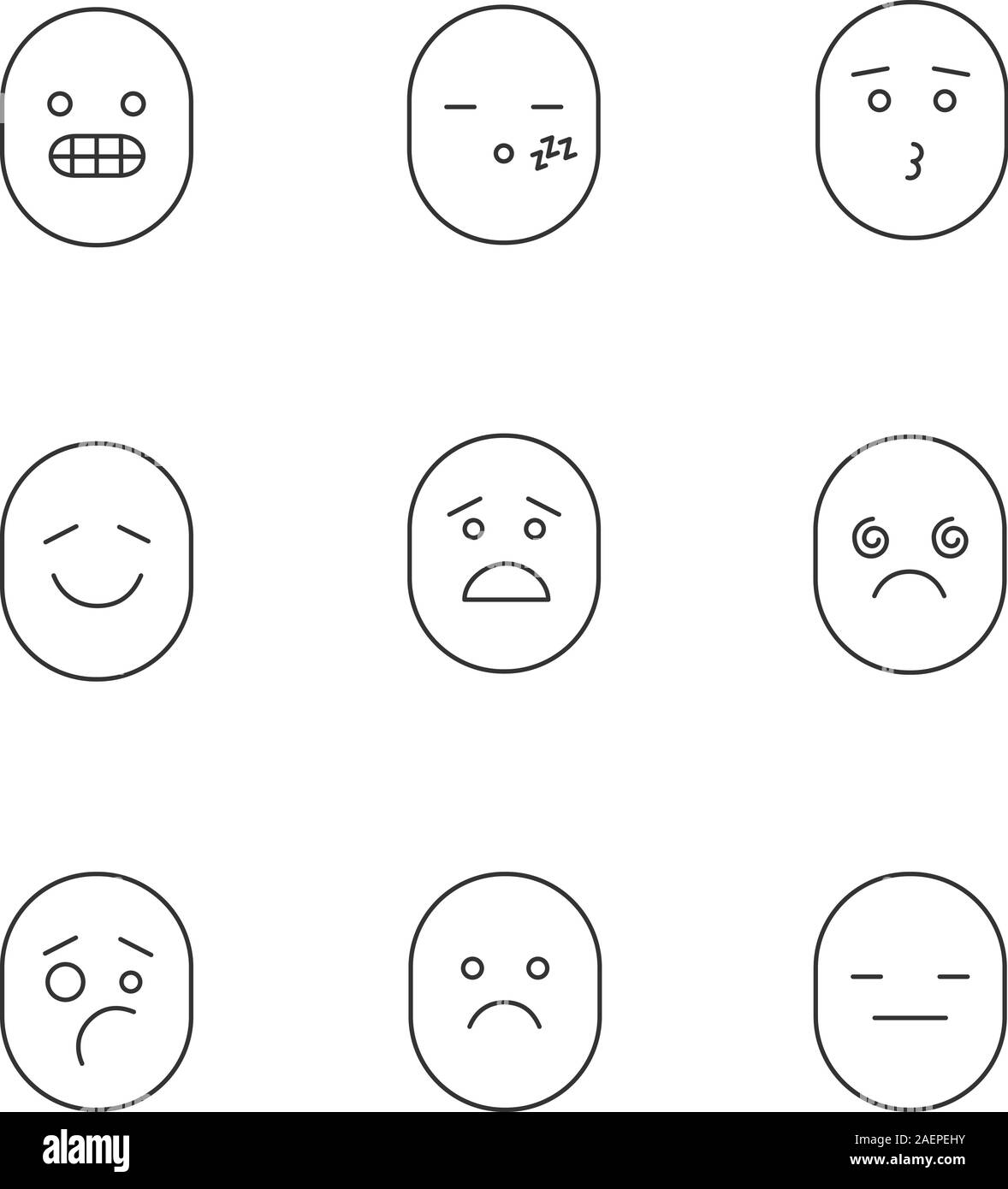 Smiles icons set linéaire. Bonne et mauvaise humeur. Drôle, souriant, grimaces, endormi, s'embrasser, peur, étourdi, bouleversé, neutre, triste smileys. Fine ligne contour Illustration de Vecteur