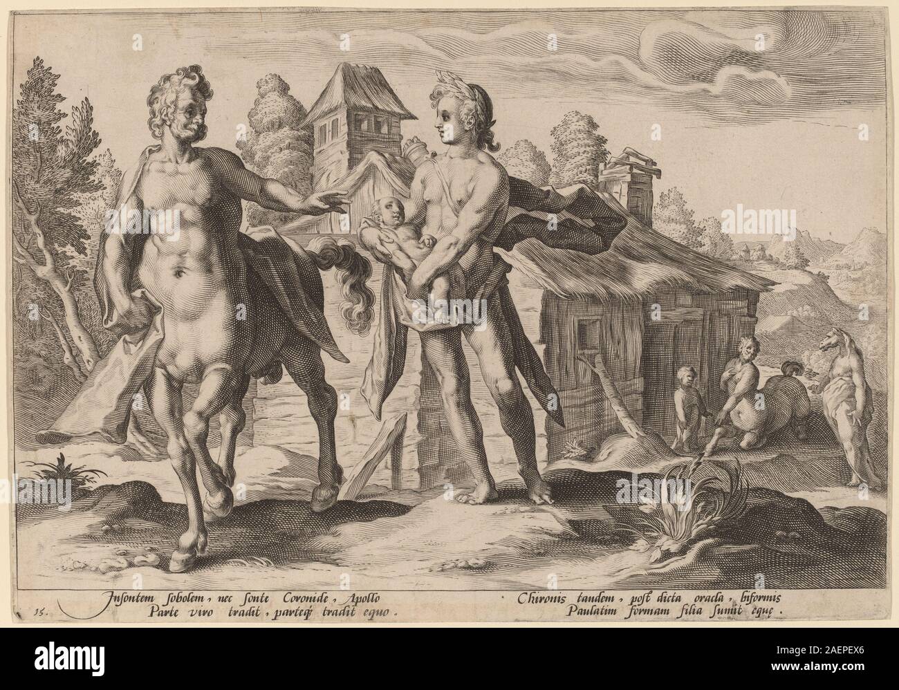 Atelier d'Hendrick Goltzius, après Hendrick Goltzius, confiant avec Chiron Apollo l'éducation d'Asclépios, 1590, Apollo Chiron confiant avec l'éducation d'Esculape ; date de 1590 Banque D'Images