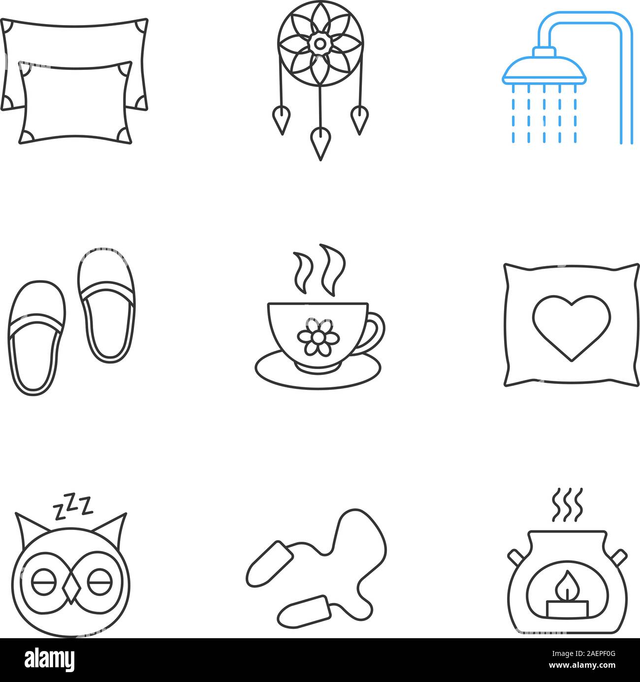 Accessoires de couchage icons set linéaire. Fine ligne contour des symboles. Oreillers, Dreamcatcher, robinet de douche, verre d'herbes médicinales, de sommeil, des bouchons d'Owl, aroma c Illustration de Vecteur