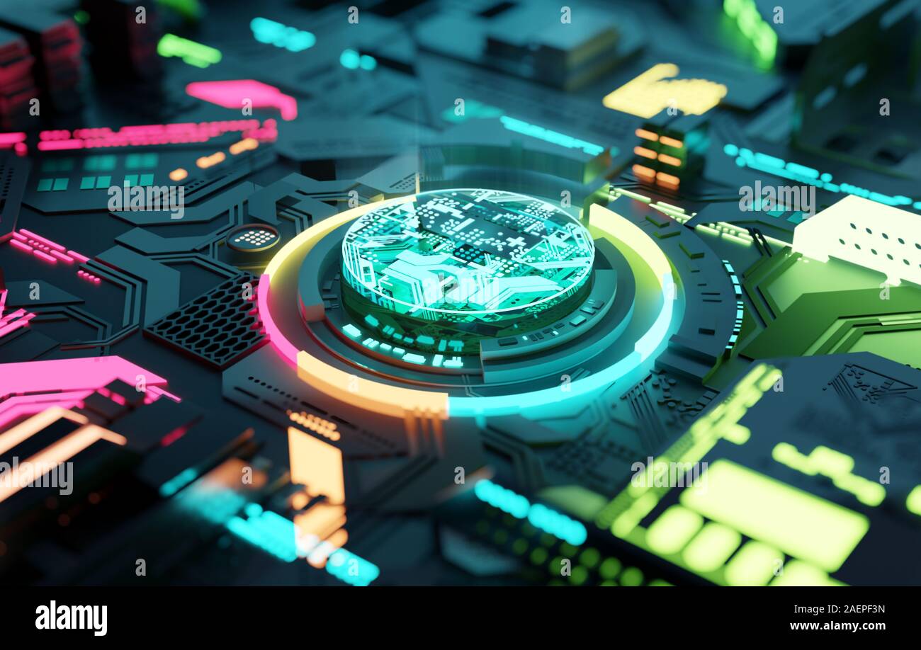 CPU Processeur futuriste multicolore et quantique, et l'apprentissage machine concept. Illustration 3D concept. Banque D'Images
