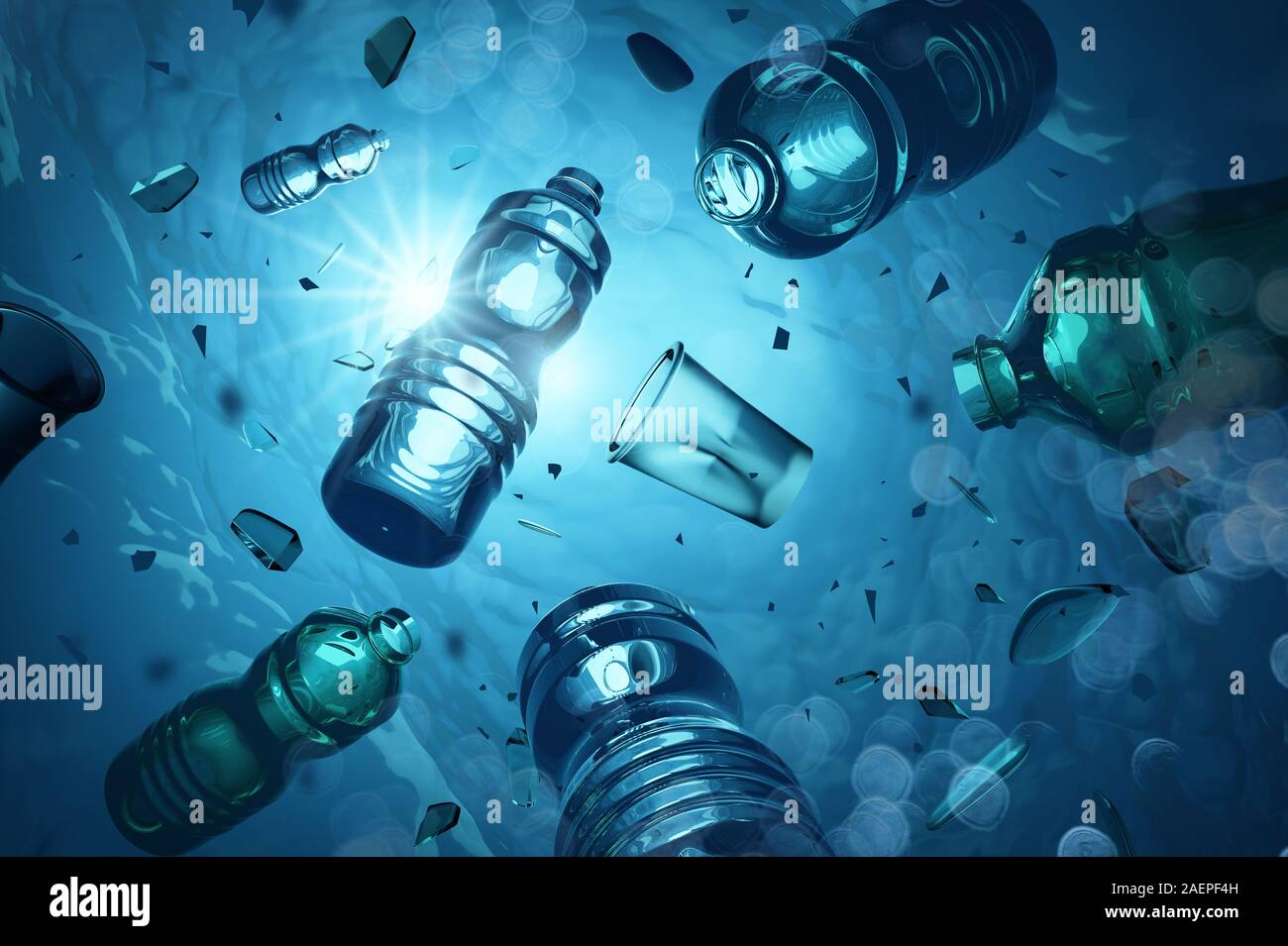 Problème des bouteilles en plastique et microplastics flottant dans l'océan ouvert. La pollution plastique Marine concept. 3D illustration Banque D'Images