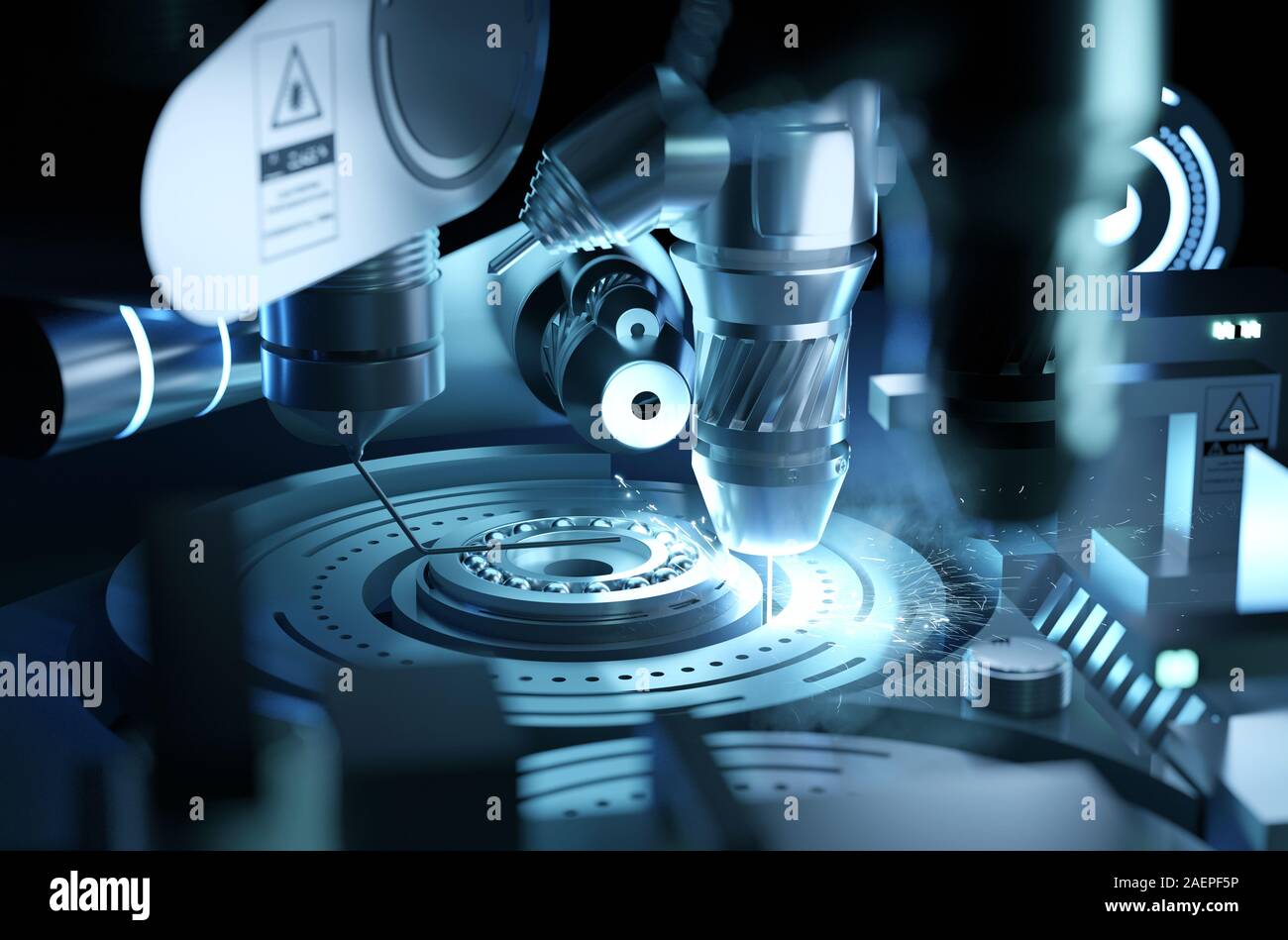 Projet d'ingénierie industrielle - fabrication d'une machine futuriste. pièces 3D illustration concept. Banque D'Images