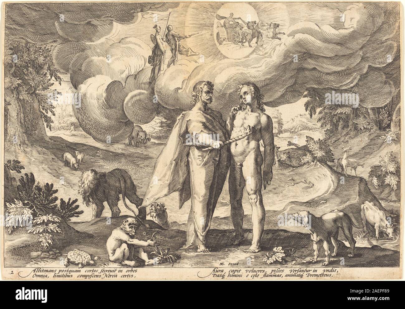 Atelier d'Hendrick Goltzius, après Hendrick Goltzius, Prométhée faisant l'homme et de l'animation lui avec le feu du ciel, l'homme et d'animation de Prométhée lui avec le feu du ciel Banque D'Images