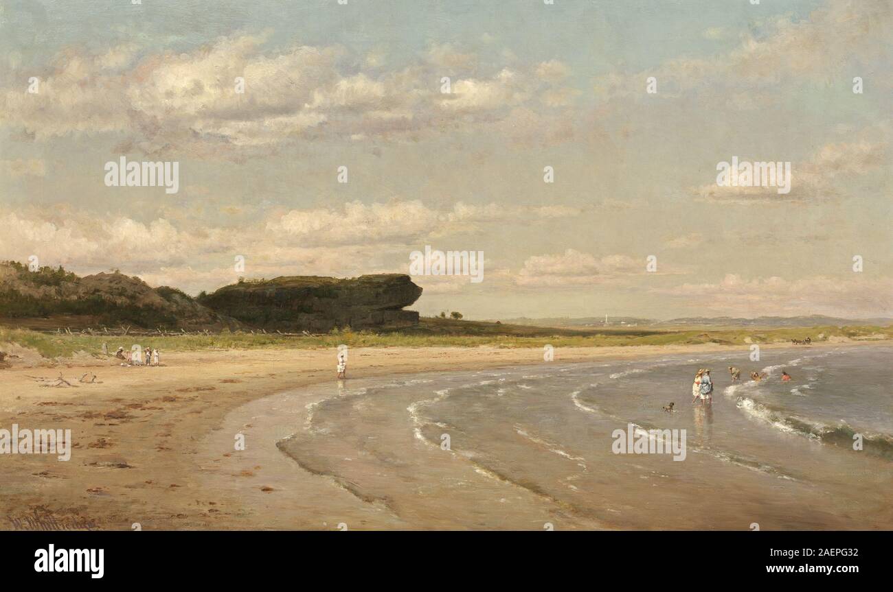 Peinture à l'huile de Worthington Whittredge, 1878-1880, représentant second Beach à Newport, rivage, eau, ciel, figures, arbres, et style paysager américain de la fin du XIXe siècle. Banque D'Images