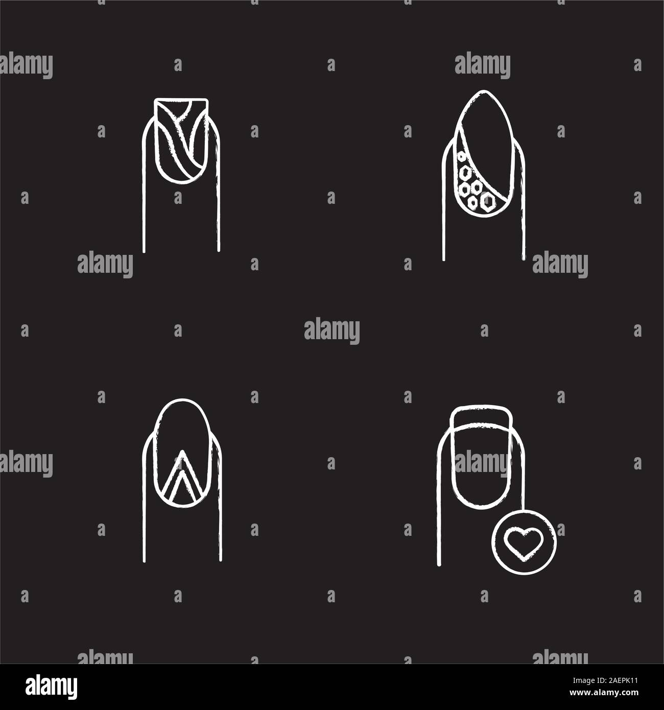 Chalk icons set manucure. Le persillage, eau lune géométrique manucure, ongles de strass et de forme de coeur. Illustrations vectorielles chalkboard Illustration de Vecteur