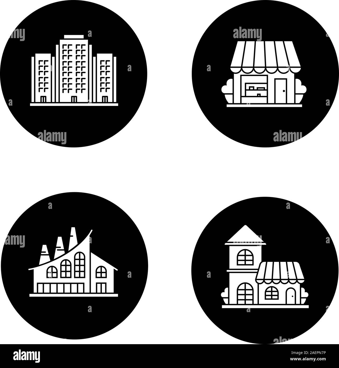 Des bâtiments de la ville glyphe icons set. Boutique, usine industrielle, café, de plusieurs étages. Vector silhouettes blanc illustrations de cercles noirs Illustration de Vecteur