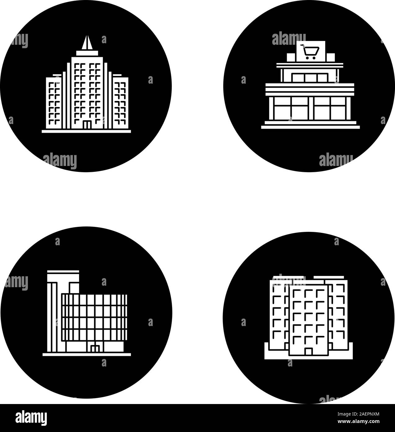 Des bâtiments de la ville glyphe icons set. Shopping Mall, centre d'affaires, gratte-ciel, de plusieurs étages. Vector silhouettes blanches illustrations en noir de cir Illustration de Vecteur
