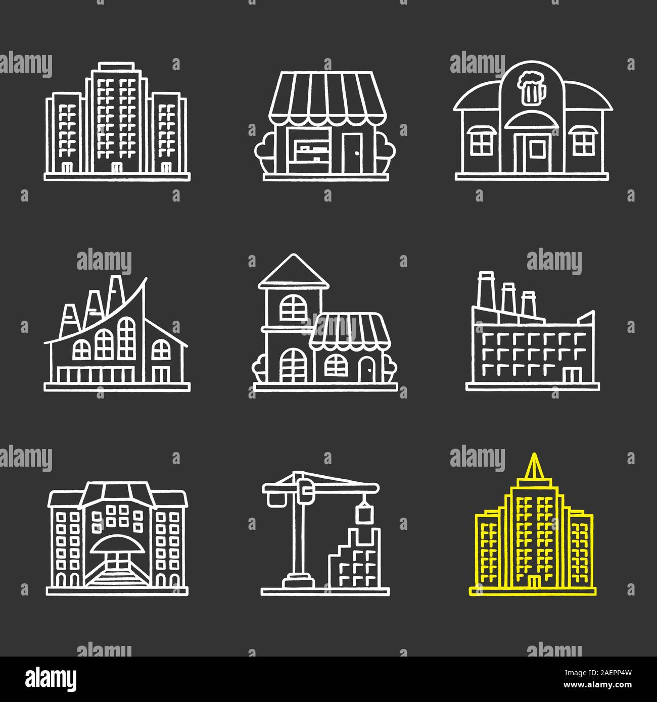 Des bâtiments de la ville de la craie icons set. Bâtiment de plusieurs étages, magasin, pub, usine industrielle, café, hôtel, université, grue à tour, gratte-ciel. Vecto isolés Illustration de Vecteur