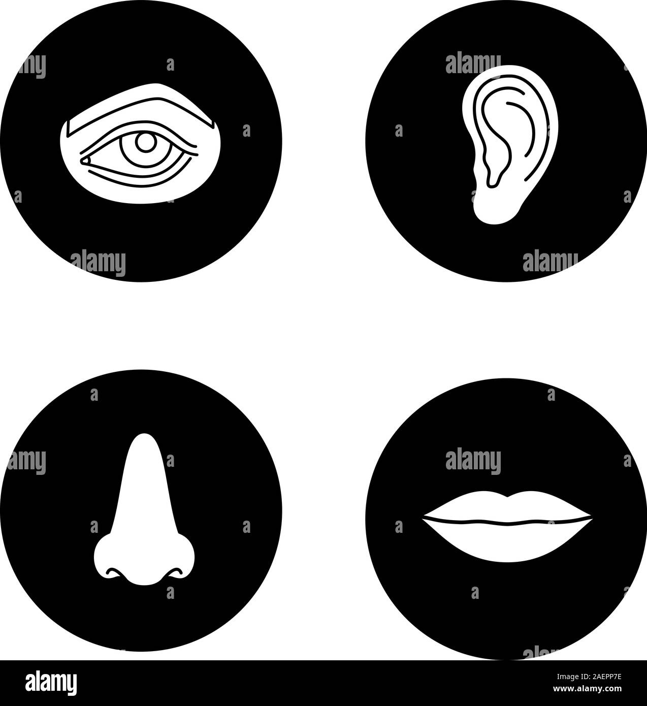 Les parties du corps du visage glyphe icons set. Les yeux, le nez, oreilles, lèvres. Vector silhouettes blanc illustrations de cercles noirs Illustration de Vecteur