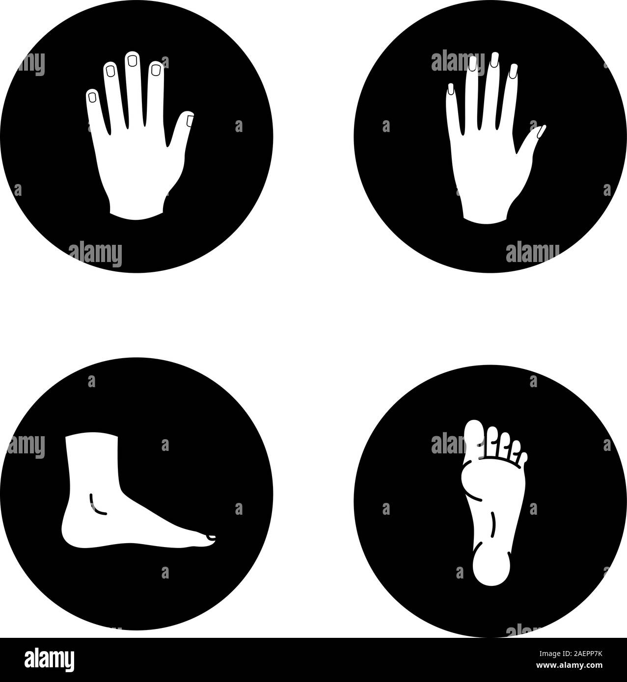 Les parties du corps humain glyphe icons set. Homme et femme les mains, les pieds. Vector silhouettes blanc illustrations de cercles noirs Illustration de Vecteur