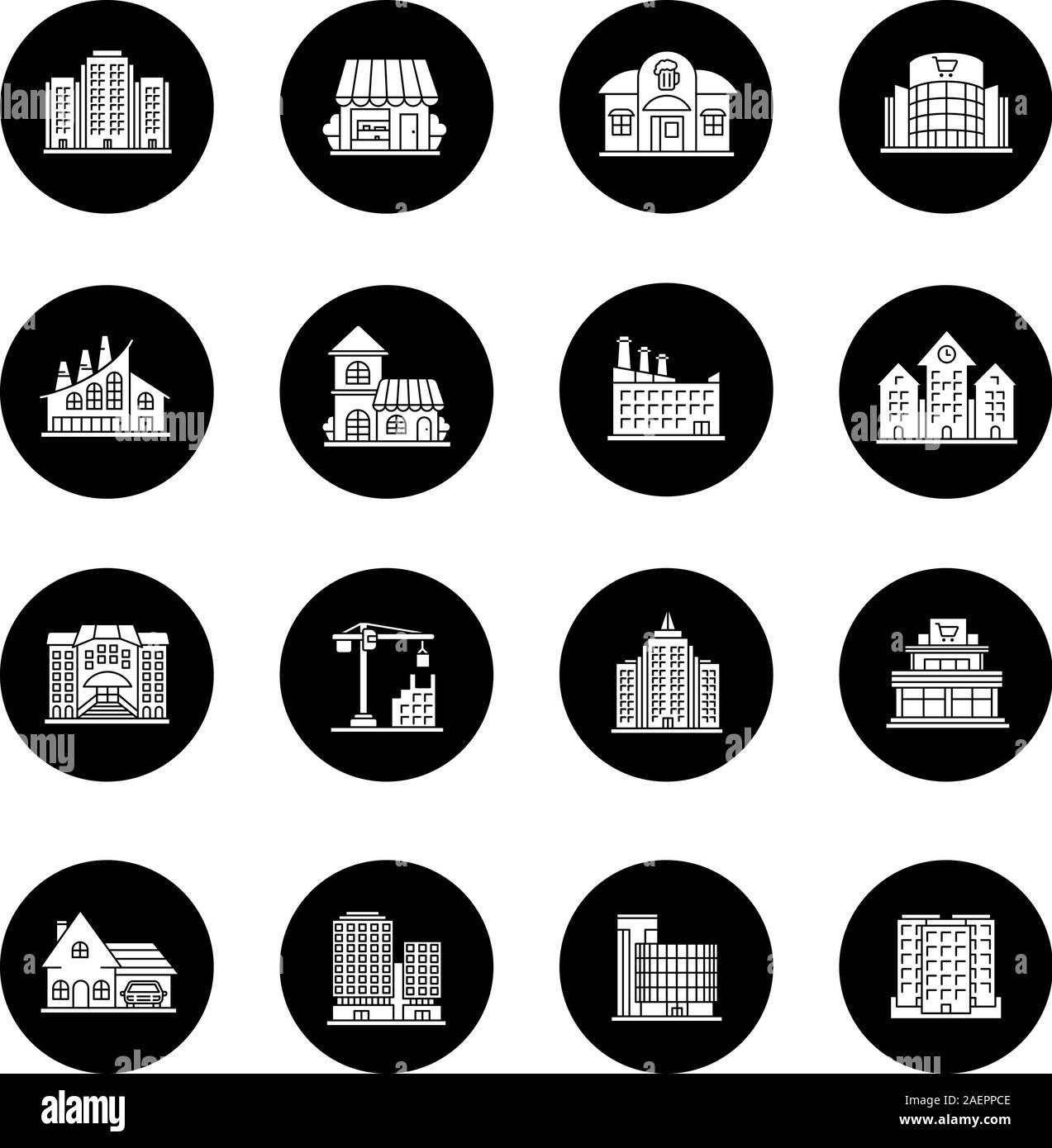 Des bâtiments de la ville glyphe icons set. L'architecture de la ville. Vector silhouettes blanc illustrations de cercles noirs Illustration de Vecteur