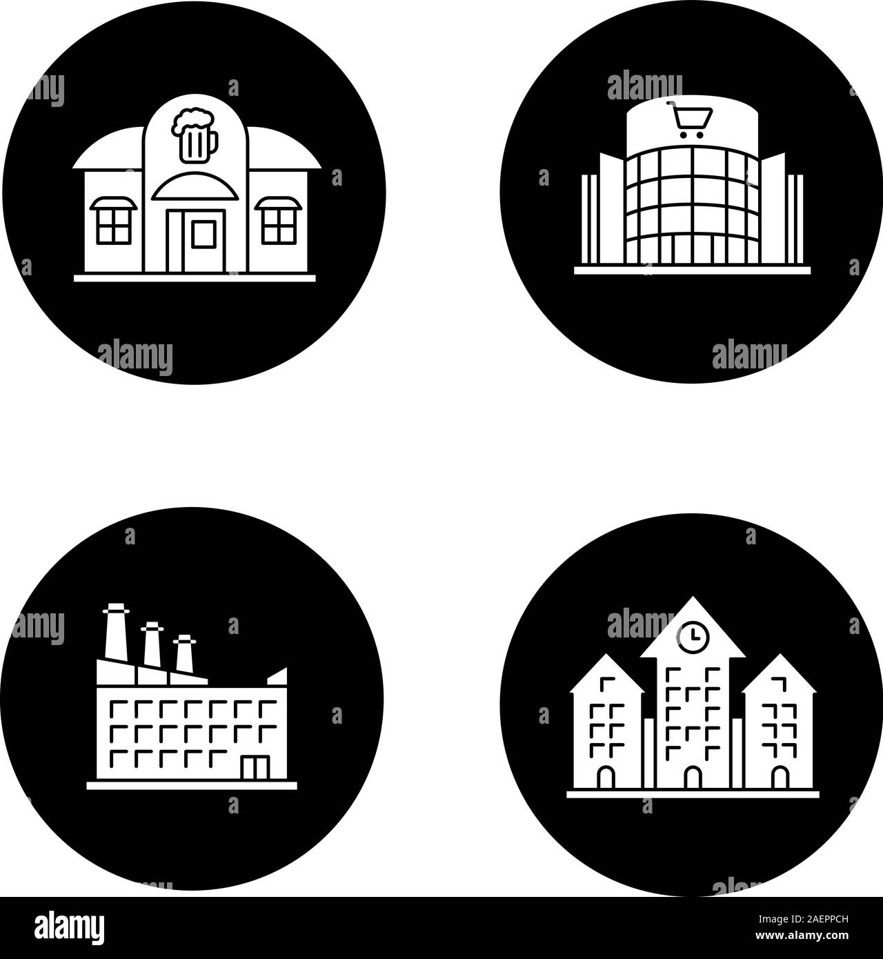 Des bâtiments de la ville glyphe icons set. Pub, centre commercial, hôtel, hôtel de ville. Vector silhouettes blanc illustrations de cercles noirs Illustration de Vecteur