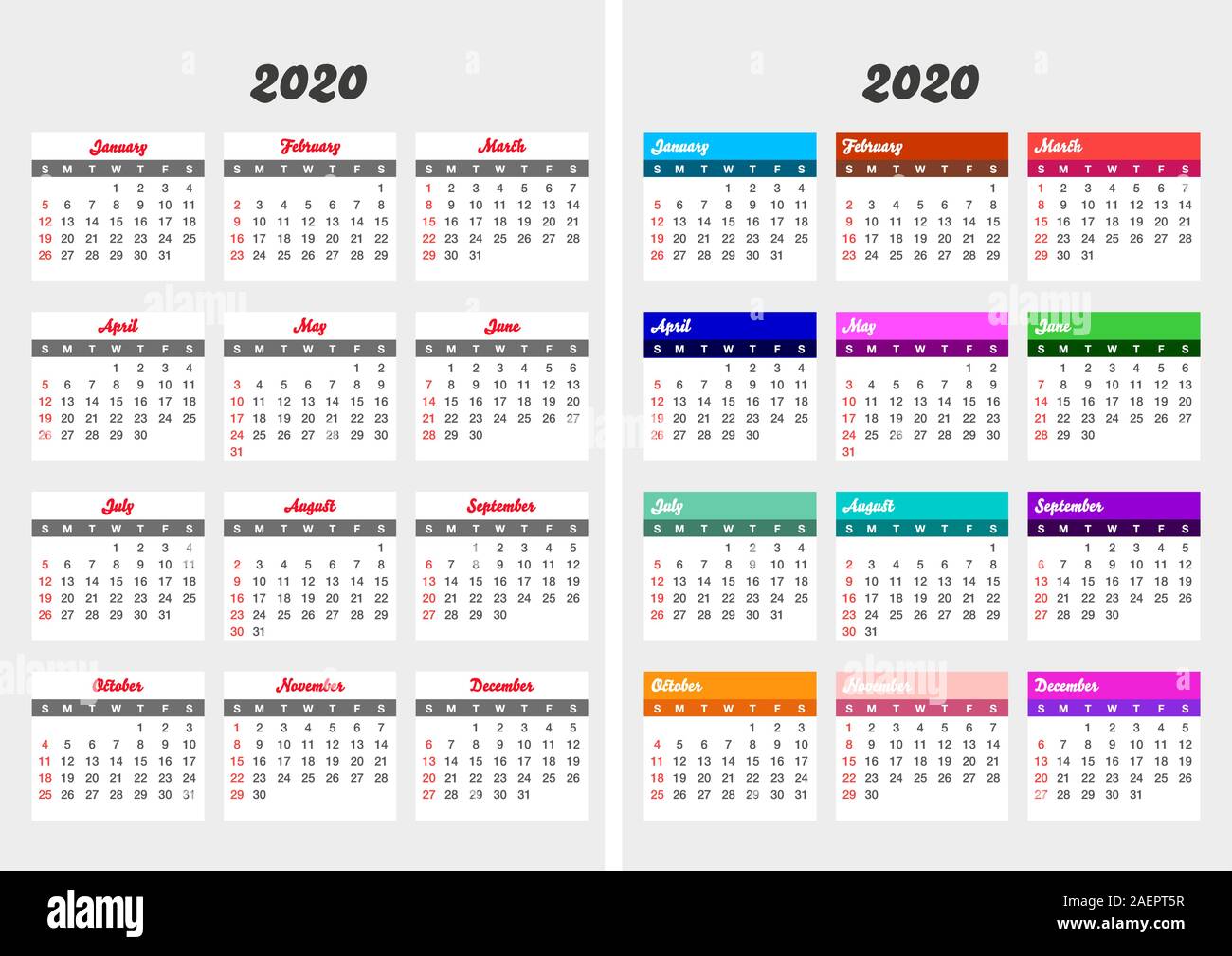 L'année 2020 couleur calendrier défini. Calendrier Vertical modèle . Fichier vectoriel éditable disponible. L'anglais et la semaine commence le dimanche grille de base. Mauvais vecteur Illustration de Vecteur