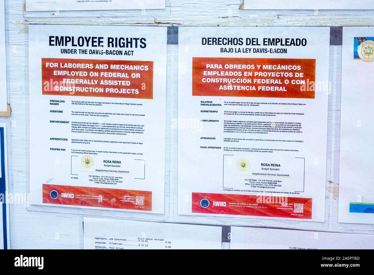 Port St. Sainte Lucie Florida,North Fork St. Lucie River Aquatic Preserve,Veterans Memorial Park,U.S. DÉPARTEMENT AMÉRICAIN du travail, division de l'heure de salaire WHD Banque D'Images