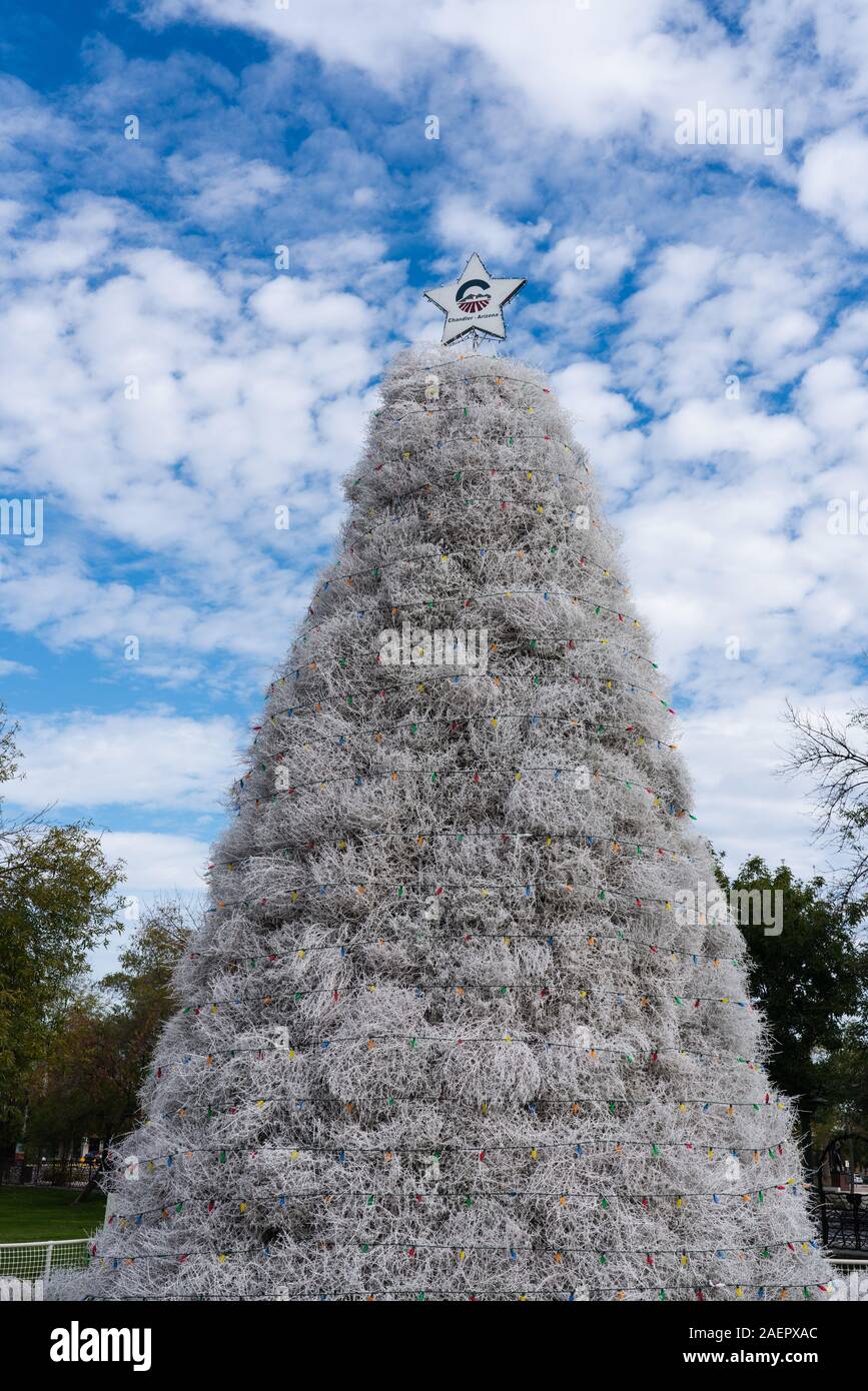 Chandler, AZ - 3 décembre, 2019 : un arbre de Noël tumbleweed a été une tradition dans la région de Chandler depuis 1957 et est situé dans le Dr A.J. Chandler Park. Banque D'Images