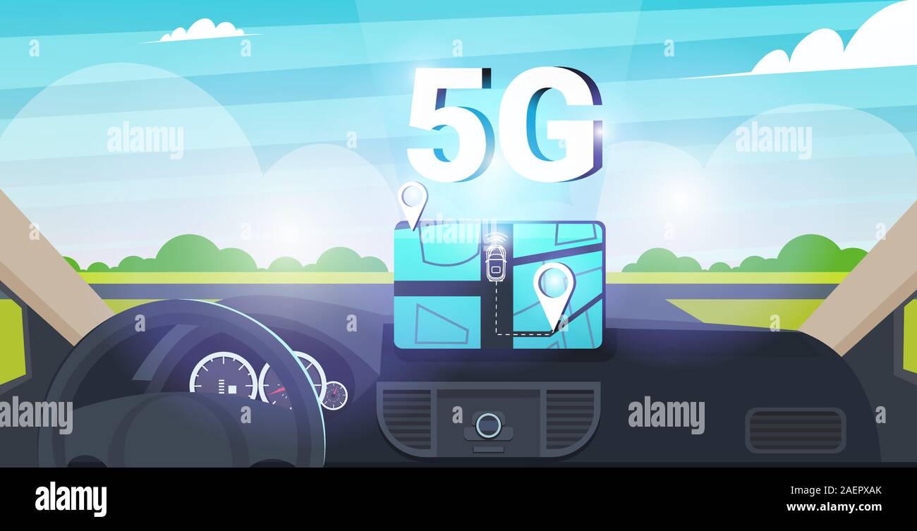Cockpit avec véhicule d'assistance à la conduite intelligents 5G Réseau de communication en ligne systèmes sans fil concept de connexion d'un GPS de navigation sur l'écran du tableau de bord voiture moderne l'illustration vecteur horizontal Illustration de Vecteur