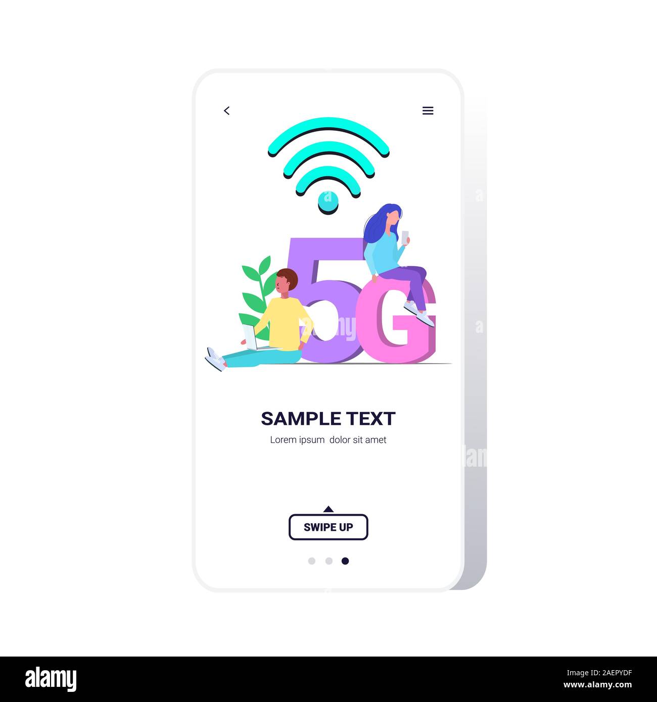À l'aide de deux appareils numériques 5G sans fil de connexion du système en ligne cinquième génération innovante de concept internet haute vitesse en ligne de l'écran du smartphone mobile app vector illustration pleine longueur Illustration de Vecteur