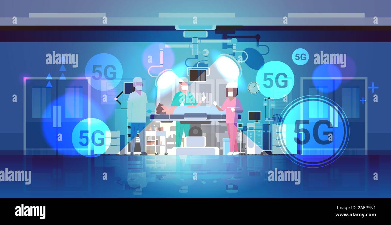 L'équipe de chirurgiens entourant patient couché sur l'opération Tableau 5G en ligne connexion sans fil nouvelle génération de cinquième concept high speed internet salle d'opération hôpital clinique d'illustration vectorielle horizontale de l'intérieur Illustration de Vecteur