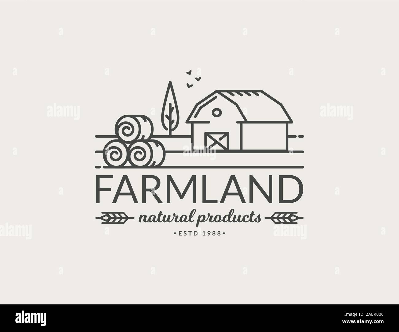 Logo ferme isolé sur fond blanc. Ligne noire emblème avec ferme et bottes de foin pour les produits naturels et bio. Contours vecteur symbole. Illustration de Vecteur