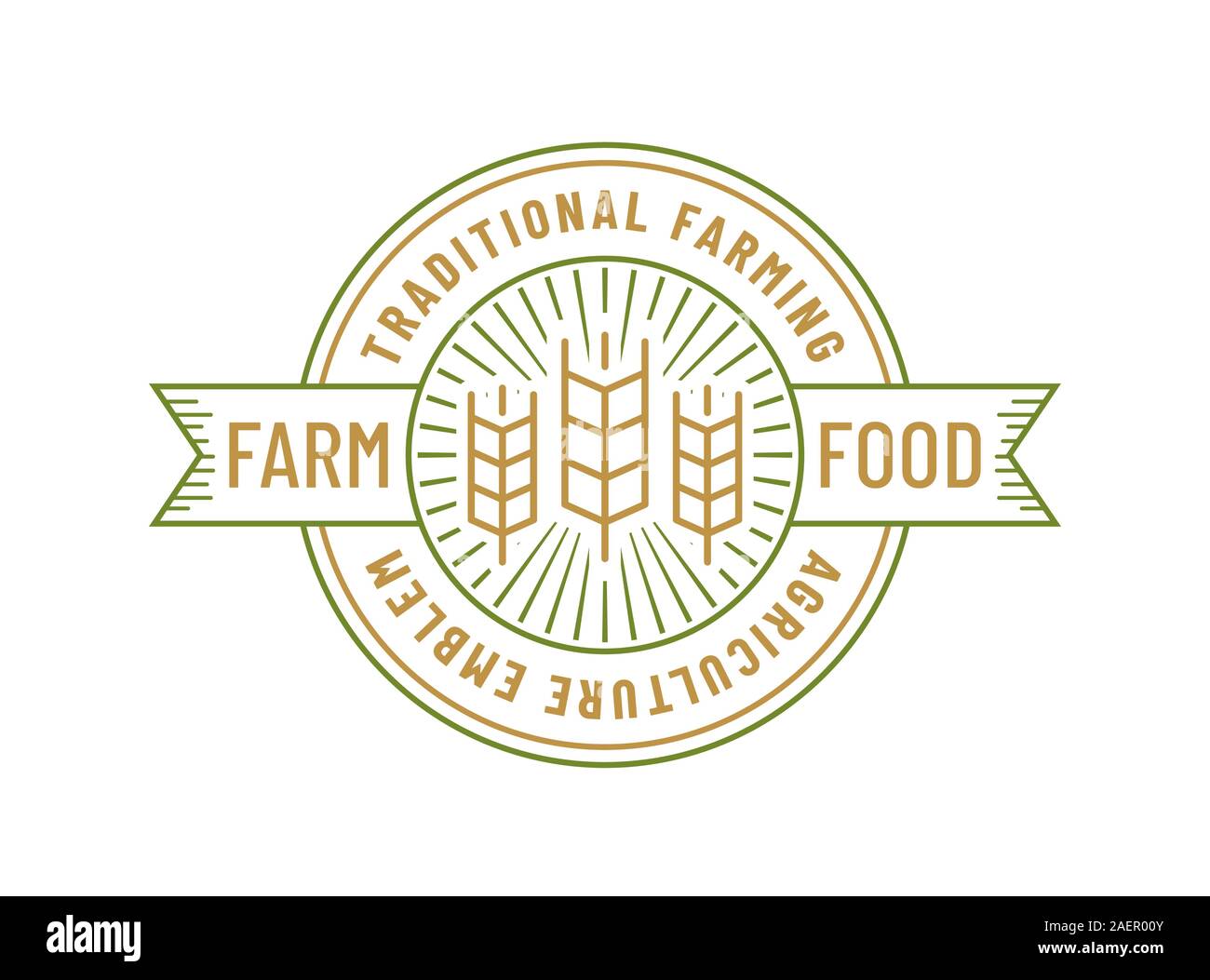 Logo des aliments à la ferme isolé sur fond blanc. L'emblème de la ligne avec l'oreille de blé. Contours d'un insigne pour les produits agricoles biologiques. Modèle de scénario. Illustration de Vecteur