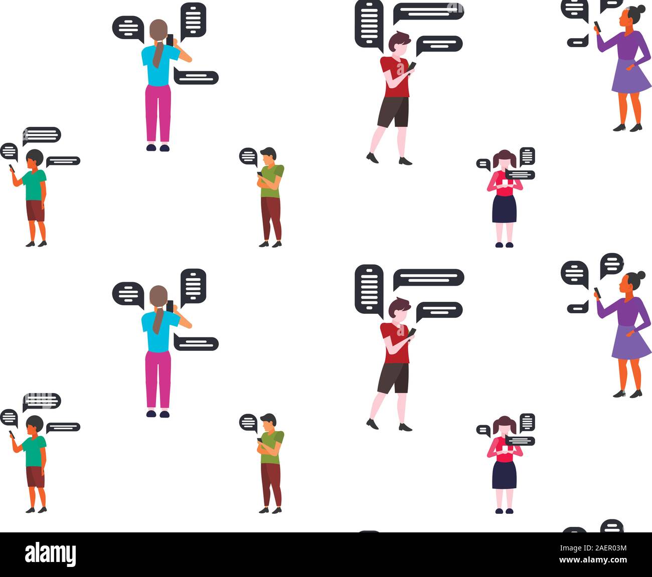 Les étudiants utilisant set online chatting app smartphones discours social network concept de communication bulle chat race mix people holding cellphones seamless pattern vector illustration pleine longueur Illustration de Vecteur