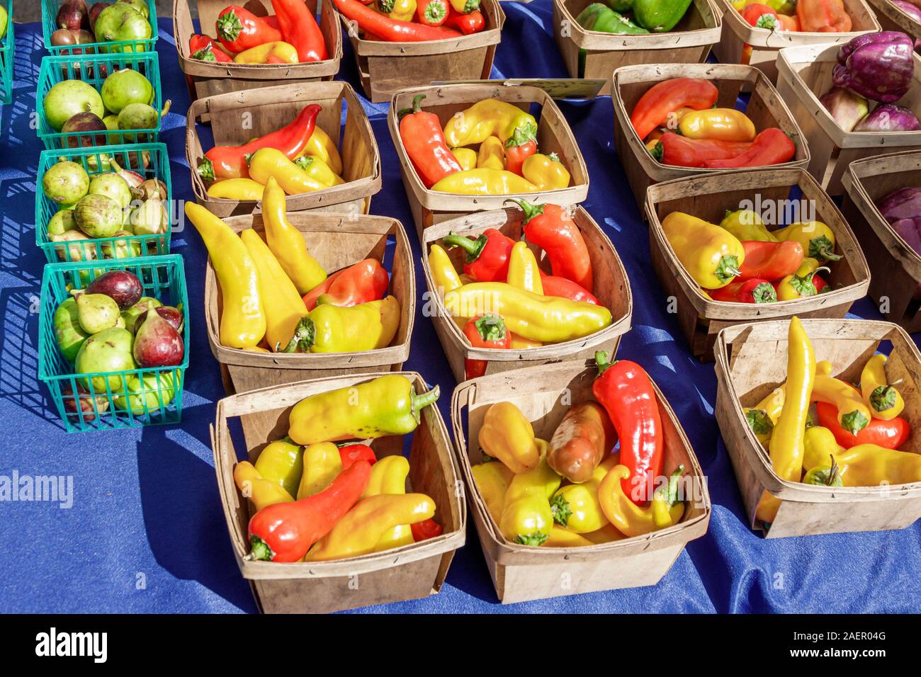 Orlando Winter Park Florida, centre-ville, quartier historique, Farmers' Market, chaque semaine samedi extérieur, vendeur, kiosque à fruits et légumes, poivrons, caisses en bois, figues, yoyes Banque D'Images